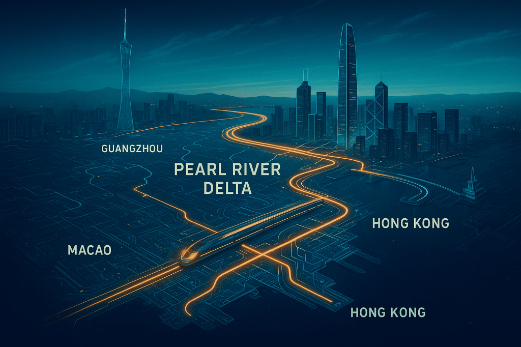 Mapa futurista del Delta del Río de las Perlas con Guangzhou, Shenzhen, Hong Kong y Macao conectadas.