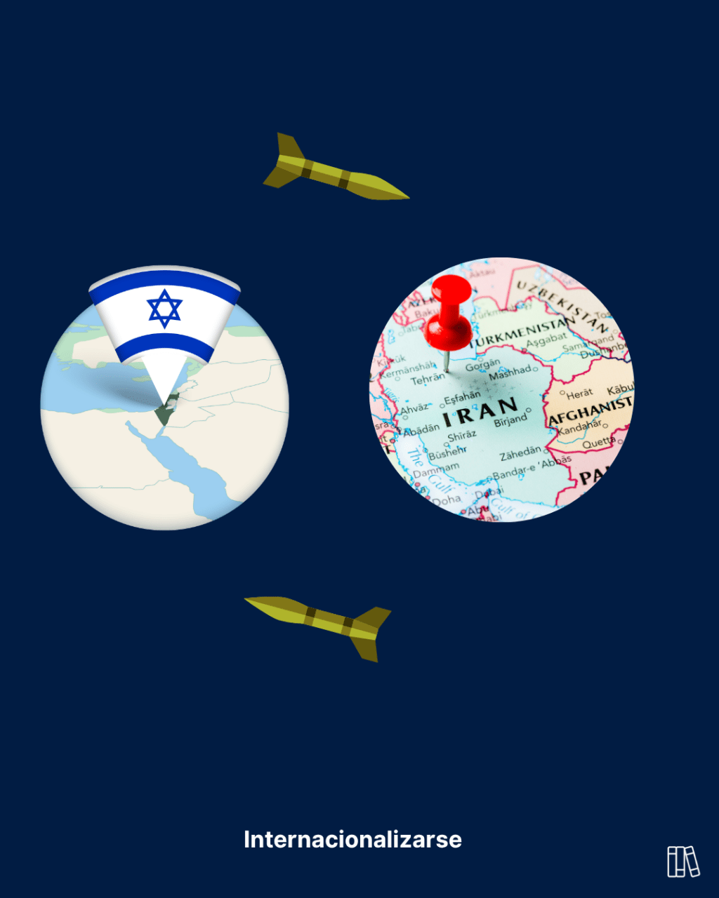 Tensión Israel–Irán ilustrada con globos terráqueos y misiles
