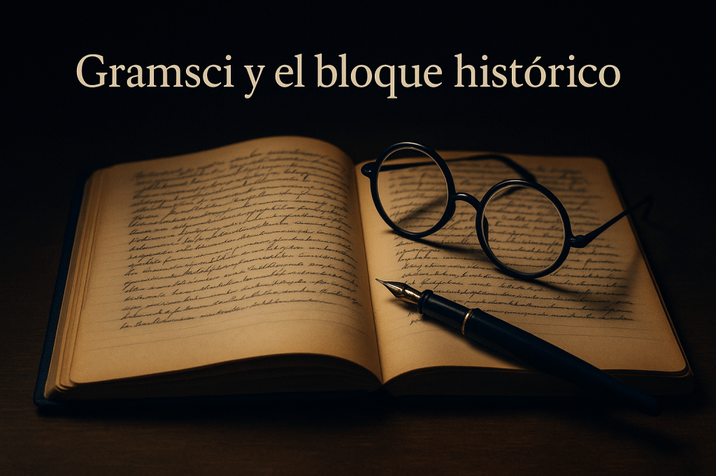 Un cuaderno antiguo abierto con escritura manuscrita, pluma estilográfica y unas gafas redondas apoyadas encima, evocando los Cuadernos de la cárcel de Antonio Gramsci. Luz cálida y dramática, estilo fotografía editorial académica. Colores: tonos beige, marrón, y detalles en azul oscuro (#011C43). Texto opcional: Gramsci y el bloque histórico en tipografía serif clara, sobre la parte superior.
