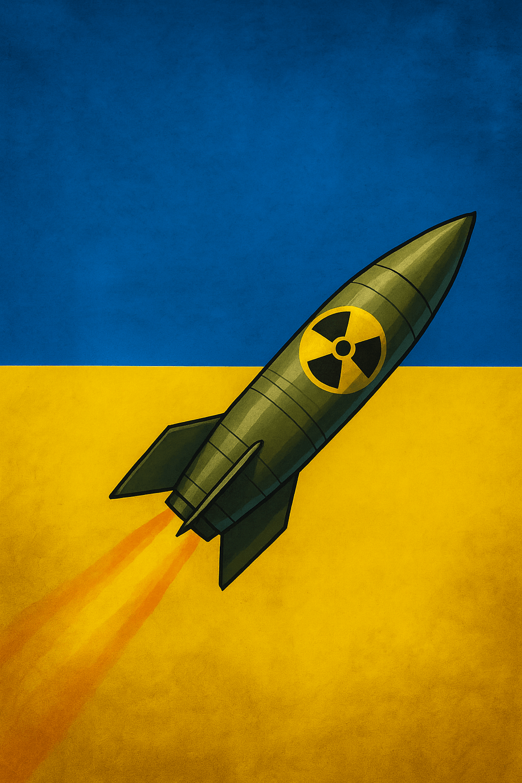 Ilustración digital que muestra un misil nuclear verde con símbolo radiactivo ascendiendo sobre un fondo con los colores azul y amarillo de la bandera de Ucrania. La imagen simboliza la renuncia del país a su arsenal nuclear, combinando elementos de energía y diplomacia en un estilo editorial sobrio y conceptual.